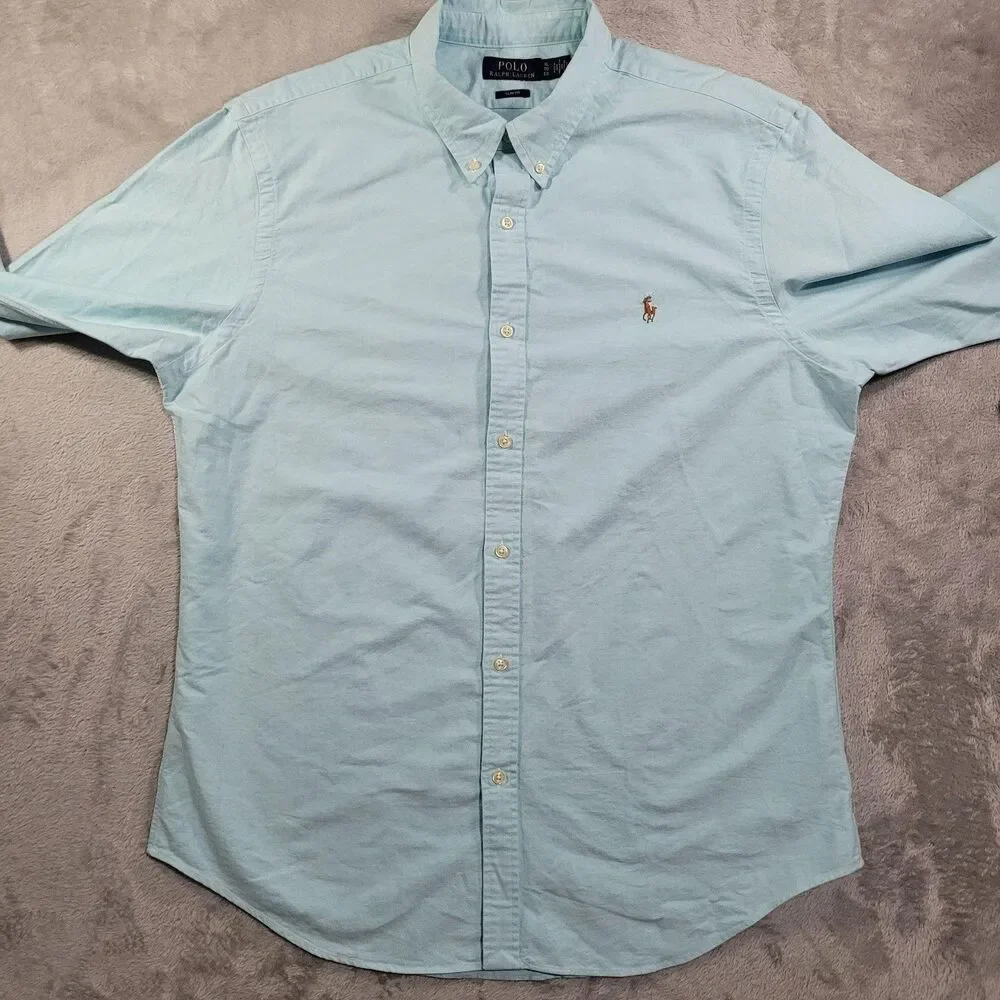Polo Ralph Lauren Shirt Mens XL Blue Solid Long Sleeve Button Down Slim Fit